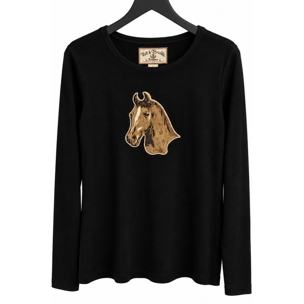 Bit & Bridle Ladies Black Cotton Long Sleeve Horse Head Patch Shirt L 9100329